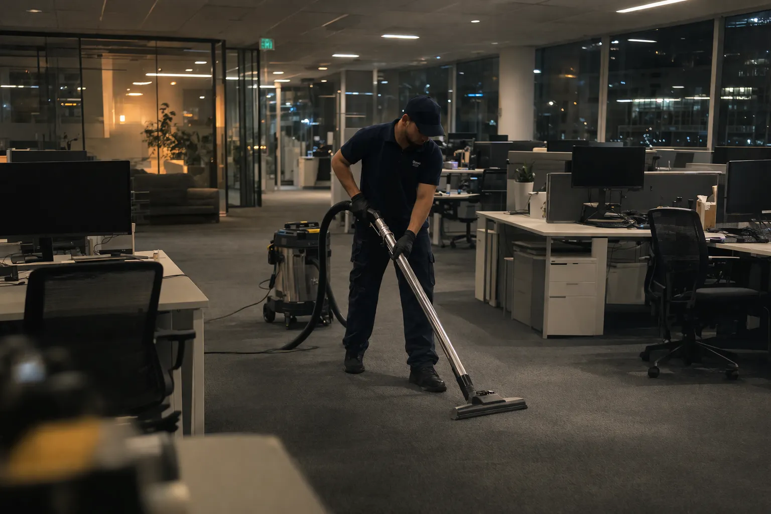 After hours commercial cleaning in a Calgary office at night